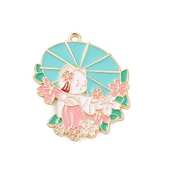 Средний Бирюзовый Подвески из эмали и сплава, золотые, кошка с зонтиком, средне бирюзовый, 32.5x28x1.5 мм, отверстие : 2 мм