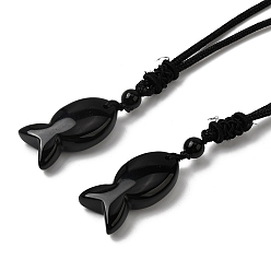 Обсидиан Подвеска из натурального обсидиана с рыбой, ожерелье из черного нейлонового шнура, 28.35 дюйм (72 см)