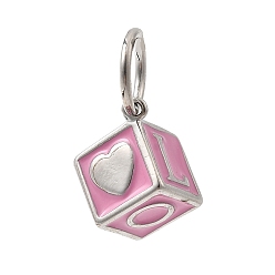 Фламинго Латунь эмаль подвески, куб с письмом, с прыжковых колец, стойки покрытие, долговечный, без кадмия и без свинца, платина, фламинго, 18x13x10 мм, отверстие : 7.6 мм