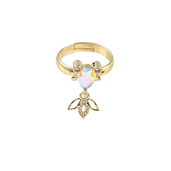 Прозрачный АВ Регулируемые кольца для женщин с микропаве из латуни и кубическими цирконами, рыба, со стеклом, стойки покрытие, золотые, ясно AB, внутренний диаметр: 17 мм