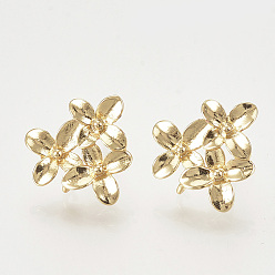 Real 18K Gold Plated Brass Stud Earring Findings, with Loop, Flower, Nickel Free, Real 18K Gold Plated, 14.5x15mm, Hole: 1mm, Pin: 0.8mm