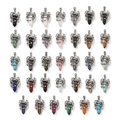 Mixed Stone Natural & Synthetic Mixed Gemstone Pointed Pendants, Faceted Bullet Charms, with Rack Plating Platinum Tone Alloy Dragon Findings, Cadmium Free & Lead Free, Mixed Dyed and Undyed, 39~41x24~25x13~14mm, Hole: 4x8mm