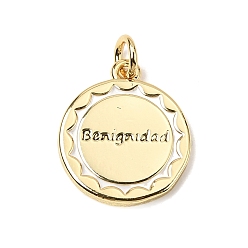 Настоящее золото 18K Латунь эмаль подвески, плоские круглые подвески со словом «доброкачественность», долговечный, стойки покрытие, без свинца и без кадмия, реальный 18 k позолоченный, 18x15.5x2 мм, Перейти кольцо: 4.5x1 мм, внутренний диаметр: 2 мм