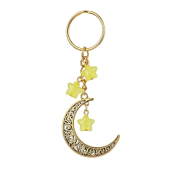 Yellow Tibetan Style Alloy Hollow Moon Pendant Keychain, with Acrylic Star Charm and Iron Split Key Rings, Yellow, 9.2cm