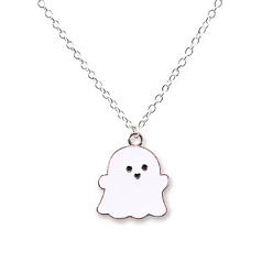 White Halloween Enamel Ghost Pendant Necklace, Brass Jewelry for Women, White, 18.50 inch(47cm)