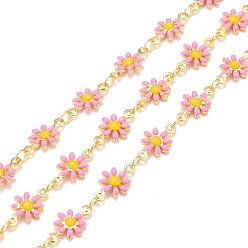 Hot Pink Brass Daisy Flower & Oval Link Chains, with Enamel & Spool, Soldered, Real 18K Gold Plated, Hot Pink, Links: 13x7.5x2mm, 4x3x0.6mm