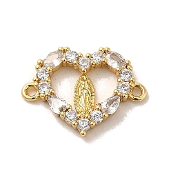 Heart Brass Pave Clear Cubic Zirconia Connector Charms, Religion Virgin Mary Links, Golden, Heart, 12.5x16x2mm, Hole: 1mm