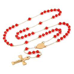 Красный Ионное покрытие(ip) распятие крест 304 четки из нержавеющей стали, с акриловыми шариками, красные, 25.98 дюйм (66 см)