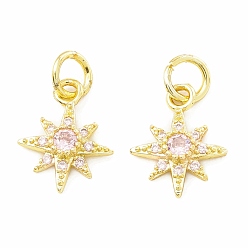 Lavender Blush Rack Plating Brass Micro Pave Cubic Zirconia Pendants, Long-Lasting Plated, Real 18K Gold Plated, Cadmium Free & Lead Free, Sun, Lavender Blush, 12.5x10x3mm, Jump Ring: 5x1mm, 3mm Inner Diameter