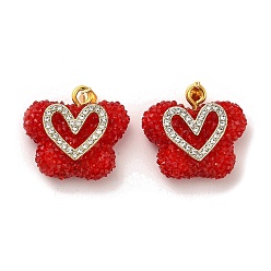 Red Butterfly with Heart Shape Resin & Rhinestone Pendant, with Rack Plating Golden Brass Findings, Long-Lasting Plated, Red, 21x24x10mm, Hole: 6x3mm