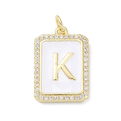 Letter K Brass Enamel Micro Pave Clear Cubic Zirconia Pendants, with Jump Ring, Real 18K Gold Plated, Rectangle Charm, Letter K, 20x13.5x2mm, Hole: 3.4mm