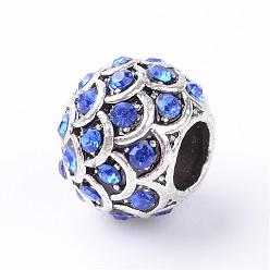 Сапфир Европейские бусины, сплав, стразы , бусины с большим отверстием, рондель, античное серебро, сапфир, 10~11x8.5 мм, отверстие : 4.5 мм