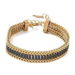 Черный 304 Двухслойный браслет из нержавеющей стали и стекла в виде пшеничной цепочки для женщин, прямоугольные, реальный 18 k позолоченный, ионное покрытие (ip), долговечный, чёрные, 6.77 дюйм (17.2 см)