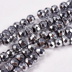 Platinum Plated Electroplate Non-magnetic Synthetic Hematite Beads Strands, Faceted, Rondelle, Grade A, Platinum Plated, 4x2.25mm, Hole: 1mm, about 164pcs/strand, 16 inch