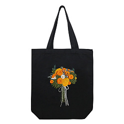 Dark Orange DIY Bouquet Pattern Black Canvas Tote Bag Embroidery Kit, including Embroidery Needles & Thread, Cotton Fabric, Plastic Embroidery Hoop, Dark Orange, 390x340mm