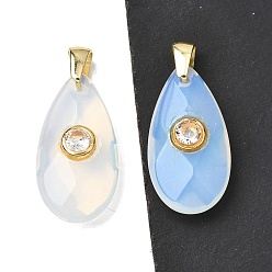 Опал Opalite подвески, Граненые подвески в форме капли с фурнитурой из прозрачных кубических цирконий, инкрустированной латунью методом микропаве., золотые, стойки покрытие, 25x13.5x8 мм, отверстие : 4x4 мм