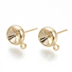 Real 18K Gold Plated Brass Stud Earring Settings, with Loop, Rhinestone Settings, Nickel Free, Real 18K Gold Plated, Fit for 6mm rhinestone, 10.5x8mm, Hole: 1.5mm, Pin: 0.8mm