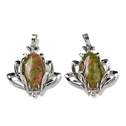 Унакит Природные подвески Unakite, подвески-цветы со стойкой, фурнитура из латуни, платина, без кадмия и без свинца, 37x35x10 мм, отверстия : 8x5 mm и 1.6 мм