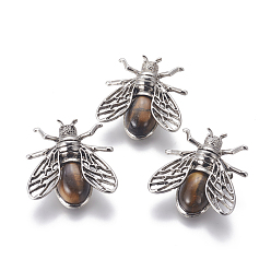 Tiger Eye Natural Tiger Eye Brooches, with Brass Findings, Cicada, Antique Silver, 38x36x8mm, Pin: 0.6mm