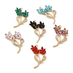 Mixed Color Rack Plating Alloy Pendants, with Rhinestone and Glass, Flower Charm, Golden, Mixed Color, 36x21.5x4.5mm, Hole: 1.8mm