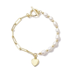 Golden Natural Cultured Freshwater Pearl Beads Paperclip Chains Heart Charm Bracelets with Toggle Clasps for Women, Golden, 7-1/4 inch(18.5cm)