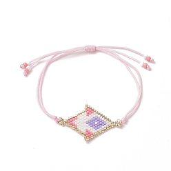 Pink Rhombus Handmade Loom Pattern Glass Seed Braided Bead Bracelets, Adjustable Nylon Cord Bracelets for Women, Pink, Inner Diameter: 2-1/4~2-7/8 inch(5.7~7.3cm)