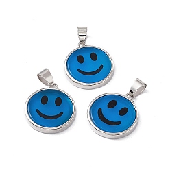 Natural Agate Natural Agate Dyed Pendants, Flat Round with Smiling Face Charms, with Rack Plating Platinum Tone Brass Findings, Cadmium Free & Lead Free, 21x18.5x3mm, Hole: 4x6mm