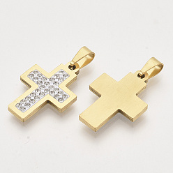 Golden 201 Stainless Steel Pendants, with Random Size Snap On Bails and Polymer Clay Crystal Rhinestones, Cross, Golden, 24x17x2~3mm, Hole: 7~10x3~5mm