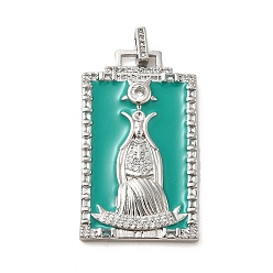Teal Brass Micro Pave Cubic Zirconia Pendants with Enamel, Tarot, Teal, 39.5x23x2.5mm, Hole: 4.5x2mm