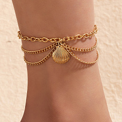 Shell Shape Golden Alloy Chains Multi-layer Anklets, with Charms, Shell Shape, 9-1/4 inch(23.5cm)