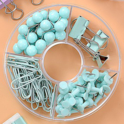 Pale Turquoise Plastic Push Pins & Paper Clips & Thumb Tacks Assorted Kit, for Photos Wall, Maps, Bulletin Board, Pale Turquoise, box: 100mm, 105pcs/set