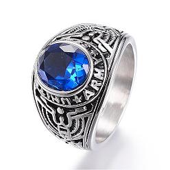 Blue 304 Stainless Steel Wide Band Rings, with Cubic Zirconia and Enamel, Oval, Size 7~13, Blue, 17~23mm
