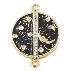 Черный Латунь с покрытием из прозрачного кубического циркония, эмалевый плоский круглый с лунными звеньями, реальный 18 k позолоченный, долговечный, без кадмия и без свинца, чёрные, 28x20x3 мм, отверстие : 1.8 мм