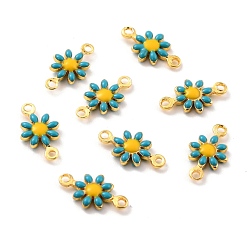 Темно-бирюзовый Соединители латунные эмалевые звенья, золотые, без кадмия и без свинца, подсолнечник, темные бирюзовый, 13x7x2.5 мм, отверстие : 1.2 мм