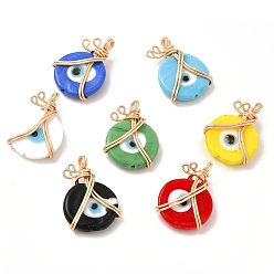 Mixed Color Wire Wrapped Handmade Lampwork Pendants, with Copper Findings, Real 18K Gold Plated, Long-Lasting Plated, Flat Round with Evil Eye, Mixed Color, 25x18x7mm, Hole: 2.9mm