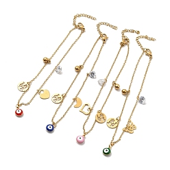 Mixed Patterns Enamel Evil Eye & Cubic Zirconia & 304 Stainless Steel Charms Anklet, Word Love Anklet for Women, Golden, Mixed Patterns, Pendant: 9.5~11x11~13x0.7~1mm, 8-7/8 inch(22.5cm)