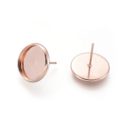 Rose Gold 304 Stainless Steel Stud Earring Settings, Flat Round, Rose Gold, Tray: 12mm, 14mm, Pin: 0.8mm