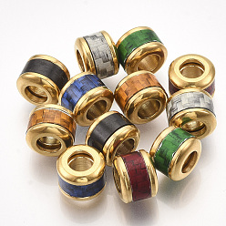 Mixed Color 304 Stainless Steel European Beads, with Fiber, Large Hole Beads, Column with Basket Weave Pattern, Golden, Mixed Color, 10x8mm, Hole: 5mm