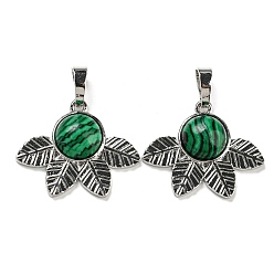 Малахит Синтетического малахита подвески, стойки покрытие латунь лист прелести, платина, без кадмия и без свинца, 22x27x7 мм, отверстие : 8x5 мм