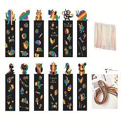 Mixed Shapes Scratch Rainbow Painting Art Paper, DIY Animal Bookmark, with Paper Card, Wood Sticks , Elephant/Owl/Snake, 15x4.5cm, 12pcs/set