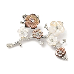 Platinum Natural Dyed White Shell Pendants, Flower Charms with Brass Rhinestone Findings, Platinum, 31x48x10mm, Hole: 7x3mm