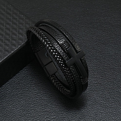 Черный Кожаный многожильный браслет с магнитной застежкой из сплава, чёрные, 8-1/4~8-5/8 дюйм (21~22 см)