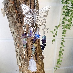 Fluorite Metal Hollow Butterfly Hanging Ornaments, Natural Fluorite Chip and Glass Teardrop Tassel Suncatchers for Home Outdoor Decoration, 210~230mm