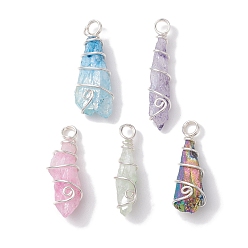 Серебро Гальванические подвески из натуральной медной проволоки с кристаллами кварца, слезинки, серебряные, 25~35x7~10x9 мм, отверстие : 3.5 мм