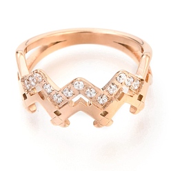 Rose Gold 304 Stainless Steel Finger Rings, with Crystal Rhinestone, Wave, Rose Gold, US Size 7, Inner Diameter: 17mm