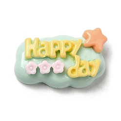 Flower Opaque Resin Cabochons, Word Happy Day Cabochons, Flower, 14.5x22x6mm
