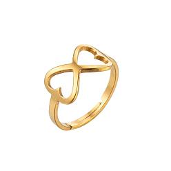 072 Golden Geometric Stainless Steel Hollow Love Heart Ring for Couples - Fashionable and Retro Open Design