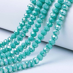 Medium Turquoise Electroplate Glass Beads Strands, Opaque Solid Color, AB Color Plated, Faceted, Rondelle, Medium Turquoise, 3.5x3mm, Hole: 0.4mm, about 123~127pcs/strand, 13.7~14.1 inch(35~36cm)