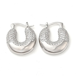 Platinum Donut Brass Hoop Earrings with Clear Cubic Zirconia, Platinum, 23.5x6x20.5mm