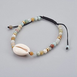 Amazonite Natural Flower Amazonite Braided Bead Bracelets, with Cowrie Shell, 2 inch~3-1/8 inch(5~8cm)
